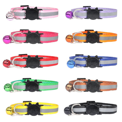 Custom Reflective Cat Collar Personalized ID Adjustable Safety Buckle with Bell Free Engraving Nylon Puppy Kittens Necklace