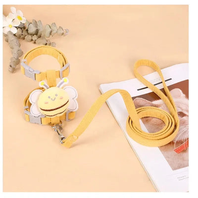 Cat Harness Leash Collar Set Adjustable Cartoon Bee Double Layer Dog Harness for Small Medium Pet Collar Leash Outdoor Walking