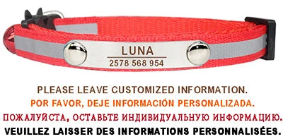 Custom Reflective Cat Collar Personalized ID Adjustable Safety Buckle with Bell Free Engraving Nylon Puppy Kittens Necklace