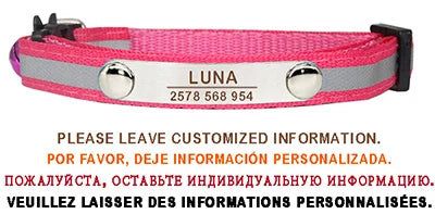 Custom Reflective Cat Collar Personalized ID Adjustable Safety Buckle with Bell Free Engraving Nylon Puppy Kittens Necklace