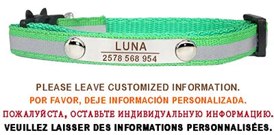 Custom Reflective Cat Collar Personalized ID Adjustable Safety Buckle with Bell Free Engraving Nylon Puppy Kittens Necklace